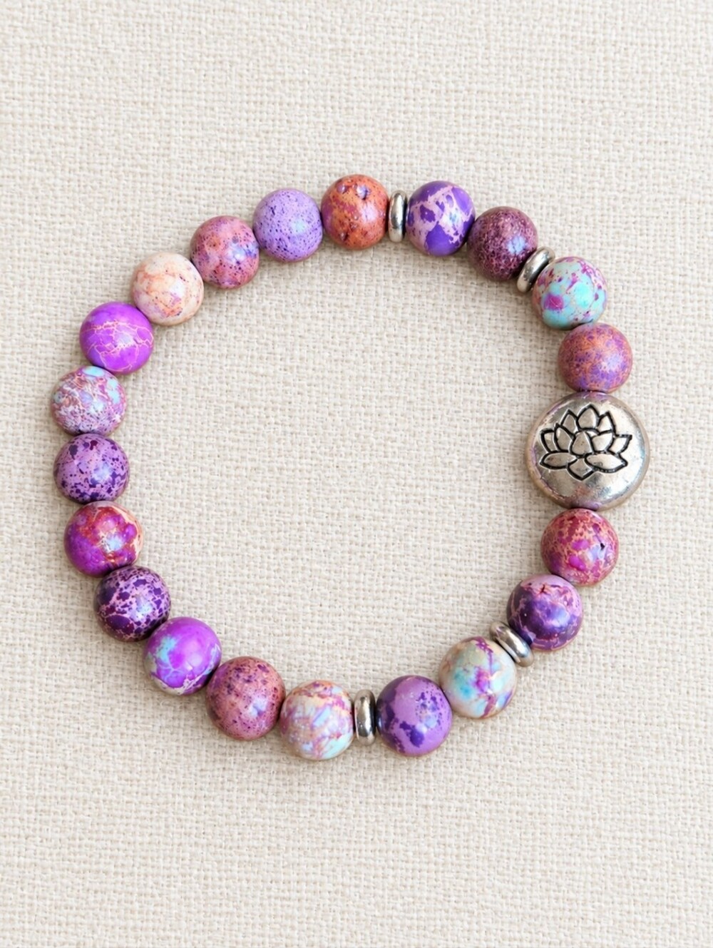 Imperial Sea Sediment Jasper Beaded Stretch Bracelet w/ Lotus Accent | Handmade
